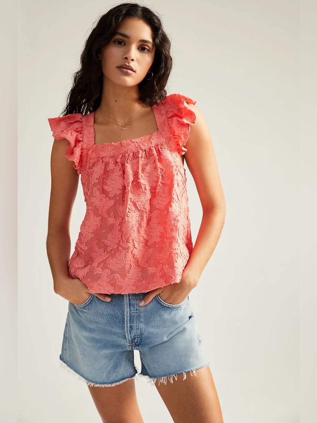 By Anthropologie Coral Lace Ruffle Square-Neck Tank Top Nwt Sz Med
